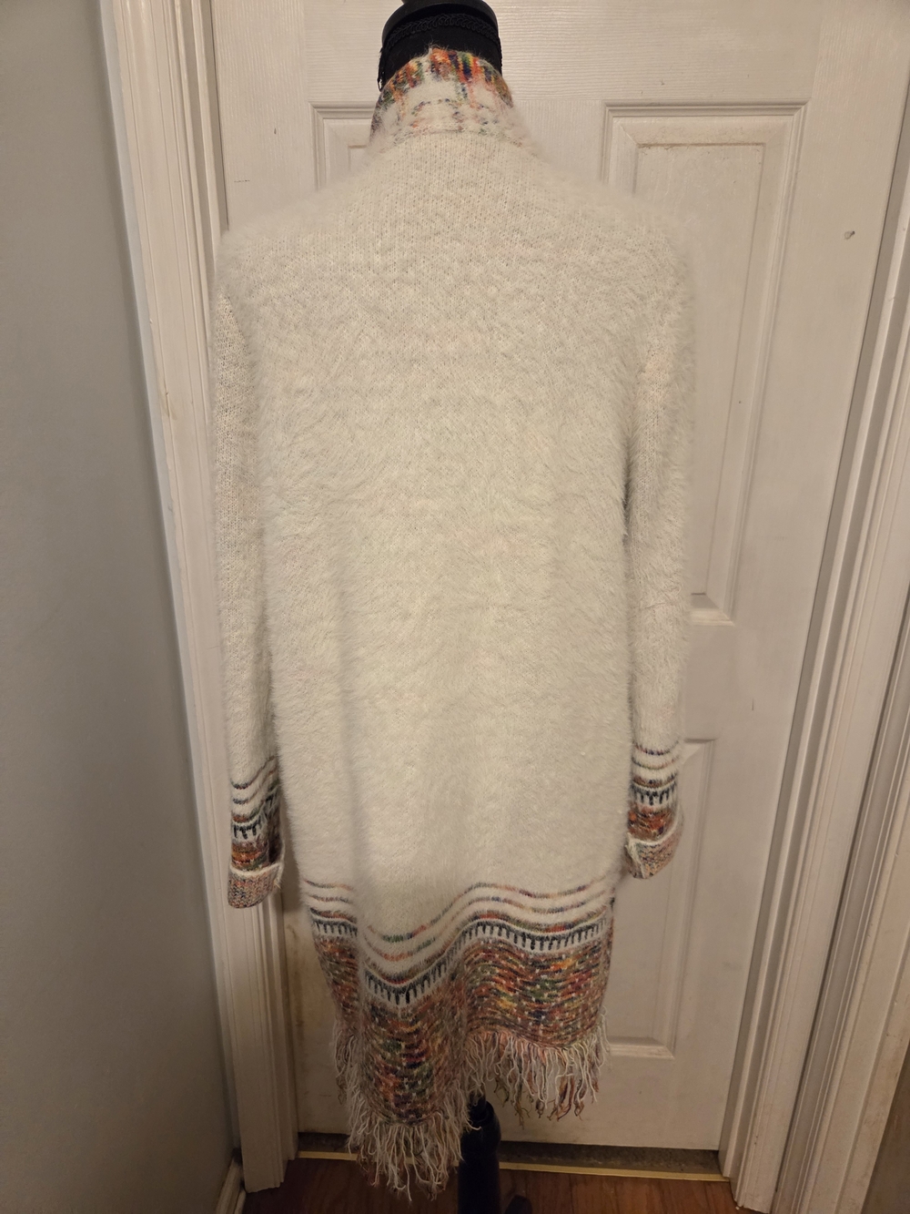 Cream Long Open-Front Fringe Knit Sweater Cardigan - Picture 6 of 7
